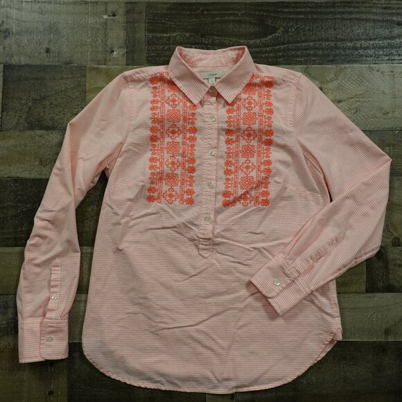 J.Crew Striped Embroidered Button-Front Shirt Women’s 4 Pink White Pinstripe - Picture 1 of 11